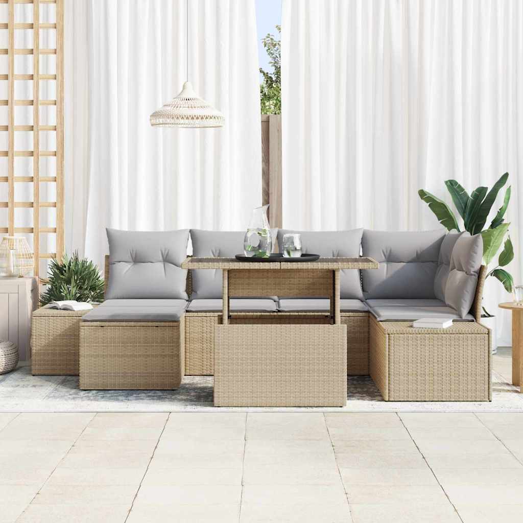 Garten-Sofa-Set mit Speicher 7 pcs Beige Poly Rattan